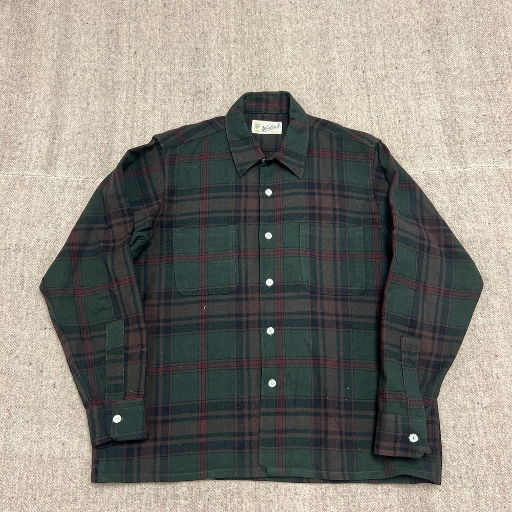 Vintage WoolRich Flannel Mens Large Green 1950s Wool‎ Plaid Button Up